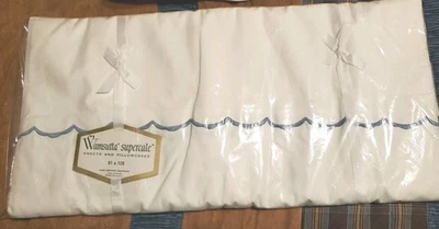 Vintage Wamsutta Supercale Full Flat Sheet White w/ Blue 100% Cotton 81 X 108  - Image 1 of 3