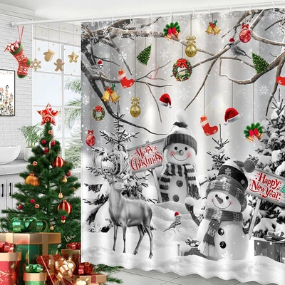 Merry Christmas Snowman Shower Curtain, Winter Xmas Tree Snow Home Holiday Bathr - Image 1 of 4