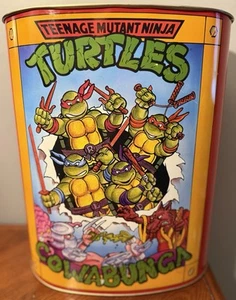 Vintage Teenage Mutant Ninja Turtles TMNT Metal Tin Trash Can Wastebasket 80s ++ - Picture 1 of 6
