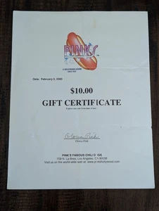 Vintage 2000 Pink’s Hot Dogs Gift Certificate – Gloria Pink Signature – LA... - Picture 1 of 4