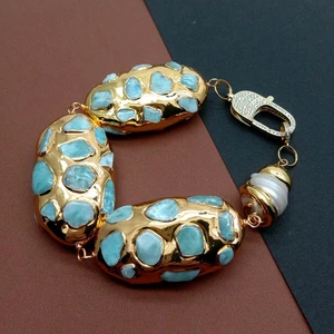 Natural Blue Larimar Gold Plated Beaded White Baroque Pearl Bracelet - Picture 1 of 6