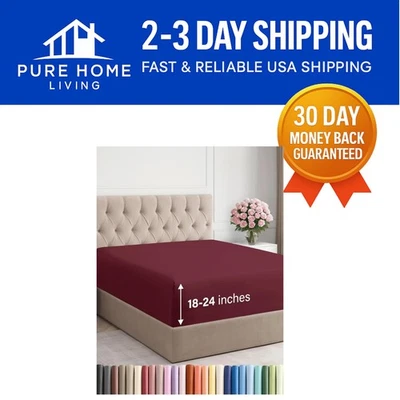 Lujosa sábana ajustable extra profunda Queen - Borgoña - Se adapta a colchones de 18-24 pulgadas Foto 1 de 4