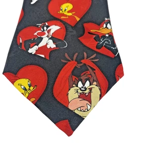 Vintage Looney Tunes Tie Mens Black Cartoon Taz Bugs Bunny Tweety Daffy 90s 1997 - Picture 1 of 7