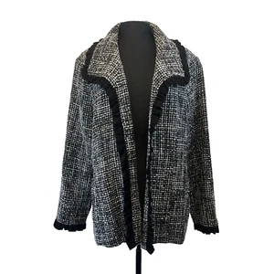 NWT Caroline Rose Women’s 2X Tweed Jacket Coat Lined Fringe Black White - Picture 1 of 12