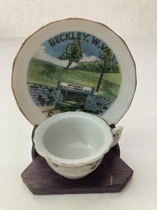 VTG Souvenir Miniature Teacup Saucer and Wooden Stand Coal Mine Beckley, W. VA - Picture 1 of 11