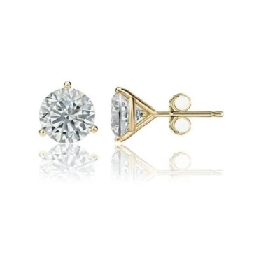 14K Gold Moissanite Martini Pushback Round Cut Solitaire Stud 3 Prong Earrings - Image 1 of 4
