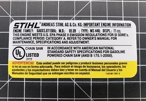 Stihl MS 440 Chainsaw Emissions Label Stihl Label # 1128 967 3501, # 11289673501 - Picture 1 of 1