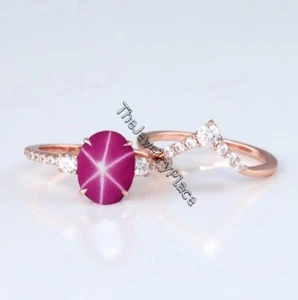 Genuine Star Ruby Ring Set Sterling Silver 925 / Pink Lindy Star Sapphire Ring - Picture 1 of 4