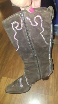 Coldwater Creek Brown Leather Suede Tall Cowgirl Boots Bling AB Rhinestones 11 - Image 1 of 4