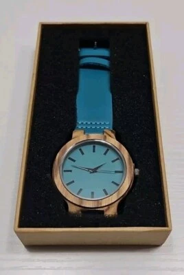 To My Wife Wooden Engraved Carved Womens Watch Turquoise Blue Band New Battery  - Image 1 of 4