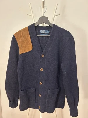 Polo Ralph Lauren Hombres Cárdigan Suéter Medio Azul con Parches Marrones %100 Lana Foto 1 de 2