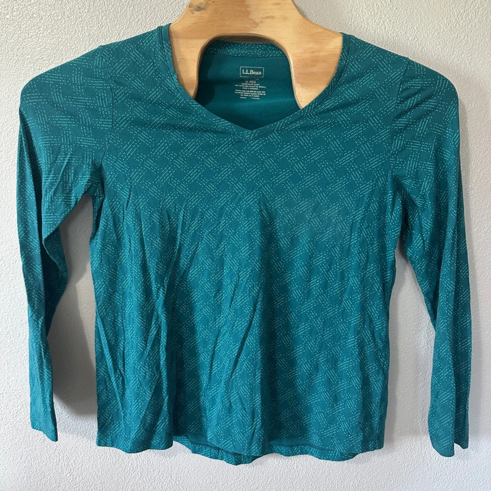 Camiseta Top L.L.Bean Manga Larga Cuello en V Ligera Estampado Verde Azulado Para Mujer Talla Mediana Foto 1 de 4