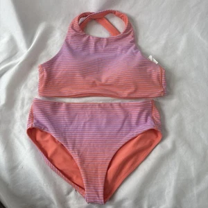 Athleta Girl 2 Piece Swimsuit Sz 14 XL Reversible Bikini Set Pink Peach Stripes - Picture 1 of 8