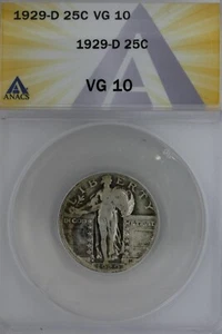 1929-D .25 ANACS VG 10 Standing Liberty Quarter, Liberty 25 Cents - Picture 1 of 2