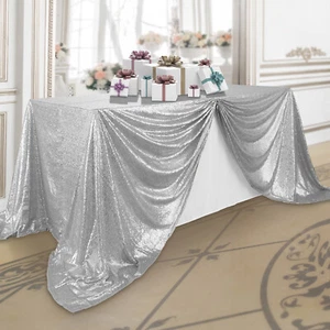 90x132 Silver Sequin Sparkly Table Cover Tablecloth Glitter Wedding Party Linens - Picture 1 of 6