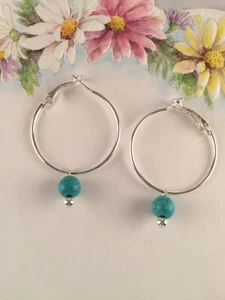 Silver Hoop Earrings with Turquoise Bead Charms Womens Handmade Artisan Jewelry - Picture 1 of 5