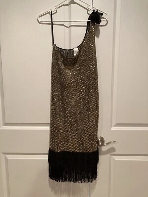 1920s Roaring 20s Charleston Flapper Gatsby Dress Costume Gold w fringe Size 6-8 - Image 1 of 4