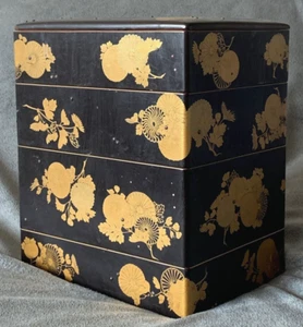 19th Century Japanese Lacquer Black and Gold Stacked Box Edo Era Antique - Picture 1 of 24