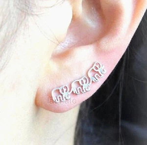 Silver Lucky Elephant Ear Climber Earrings, Silver Elephant Earrings, Elephants - Picture 1 of 6