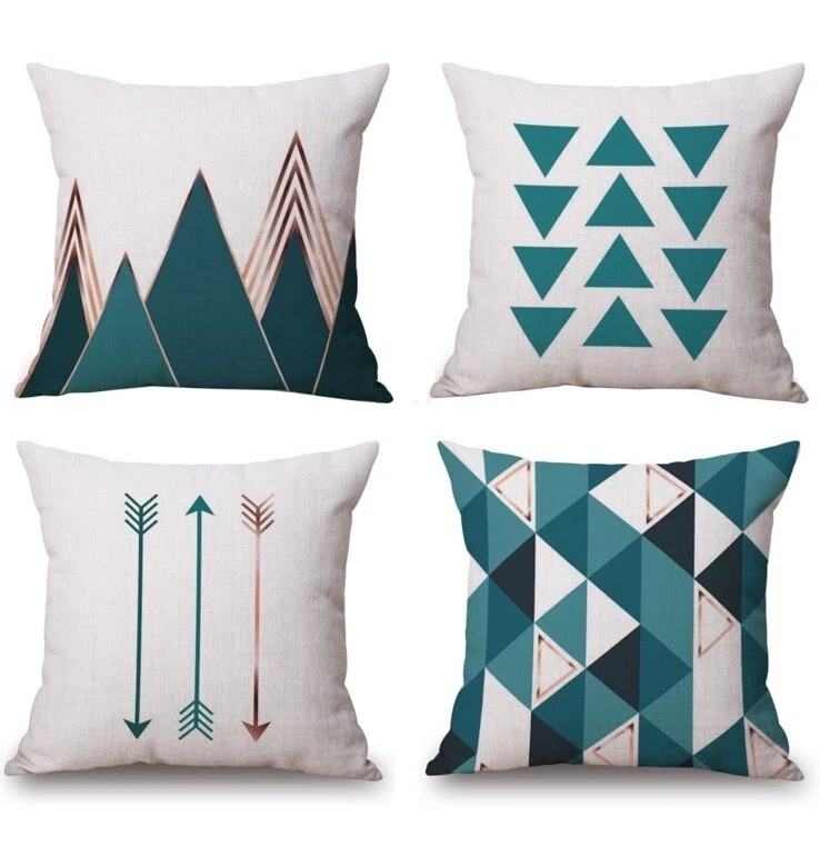 Set of 4 Throw Pillow Covers Modern Abstract Geometric White Teal Green 18x18 - Image 1 of 3
