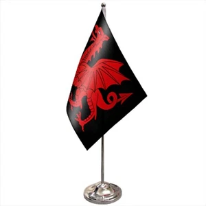 Wales Y Ddraig Ddu (Black Dragon) Satin & Chrome Premium Table Flag - Picture 1 of 7