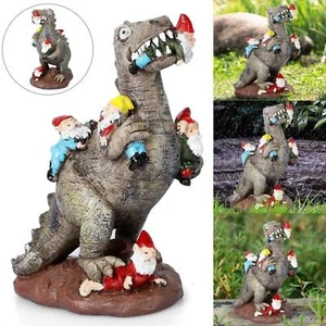 Funny Dinosaur Eating Gnomes Statue Yard Art Resin Garden Patio Decor Ornament - Picture 1 of 16