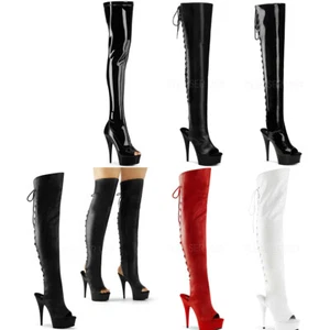 Pleaser 6" Heel Peep Toe Thigh High Side Zip Adult Women Shoes Boots DEL301X - Picture 1 of 31