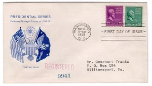 #825 Presidential Series 20c James Garfield 1938 FDC - 19c Hayes Combo - Picture 1 of 2