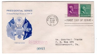 #825 Presidential Series 20c James Garfield 1938 FDC - 19c Hayes Combo - Image 1 of 2