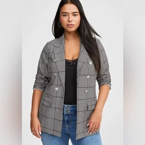 Studio by Torrid Ponte Double Breasted Relaxed Blazer Stella plaid château grey - Picture 1 of 10