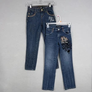 Baby Phat Jeans Girls 8 Denim Embroidered Gold Accents Pocket Design Lot of 2 - Picture 1 of 24