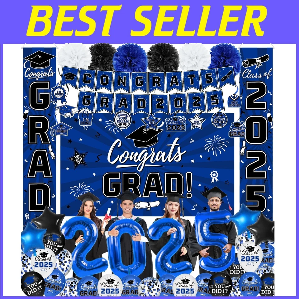 Stylish Blue Graduation Decorations for Class of 2025 - All-Inclusive Set - Image 1 of 4