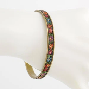 Vintage Petit Point Floral Bangle Bracelet Brass Embroidered Flower Needlepoint - Picture 1 of 7