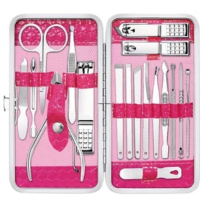 Pink 18pcs Stainless Nail Clipper Grooming Tool Care Kit Manicure Set with Case - Picture 1 of 7