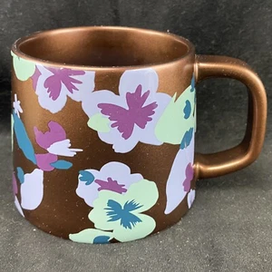 Starbucks Copper Bronze Coffee Mug Flowers Pansies 14 Oz Tilt In Sides - Picture 1 of 6