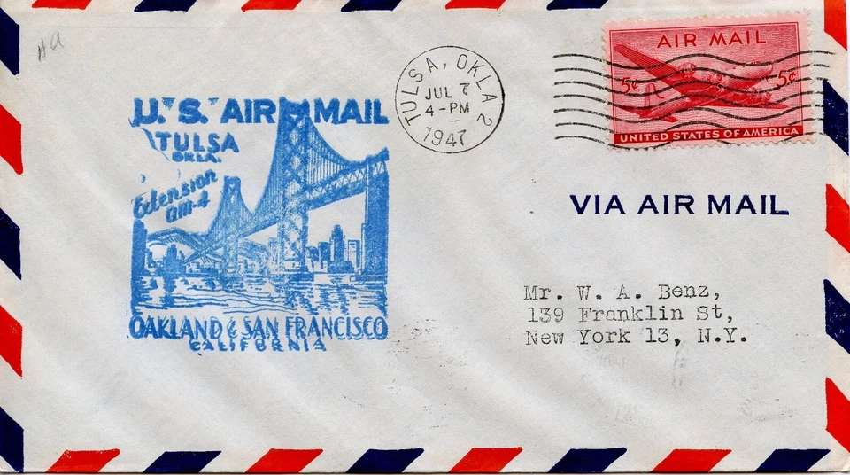 FIRST FLIGHT  TULSA - SAN FRANCISCO  AM-4  1947 FDC1395 - Image 1 of 1