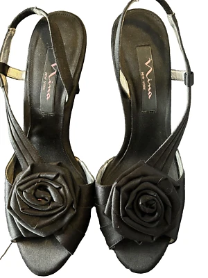 NINA Negro Satén Tacones Cordones Peep Toe Bomba Con Roseta de Flores Talla 8m Foto 1 de 4