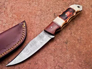 CUSTOM HAND FORGED DAMASCUS STEEL 8.0" SKINNING HUNTING KNIFE, SHEATH - WD-9834 - Picture 1 of 11