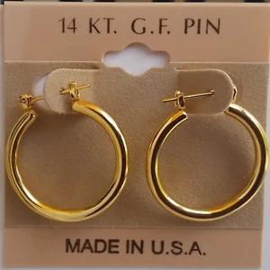 14K Gold plate big 1 inch Hoop Earring Made in USA - Picture 1 of 3
