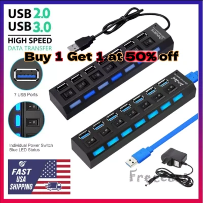 7 Port USB 2.0 / 3.0 Hub Splitter Adapter High Speed For PC Laptop Mac Desktop - Image 1 of 4