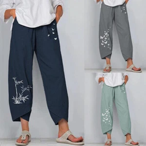Women's Cotton Linen Pants Elastic Waist Trousers Baggy Loose Casual Plus Size - Picture 1 of 17