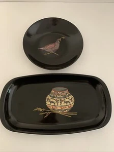 Couroc VTG Tray Native American Pottery & Quail Bowl 1960s Melamine Inlay Set - Picture 1 of 7