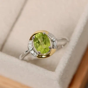 1.65 Ct Oval Natural Peridot & Diamond Engagement Perfect Ring 14K White Gold - Picture 1 of 6