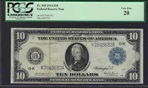 🇺🇸 1914 $10 FRN FR-945 "DALLAS" ♚♚Burke&Glass♚♚ PCGS VF 20 ONLY 33 KNOWN!!! - Picture 1 of 2