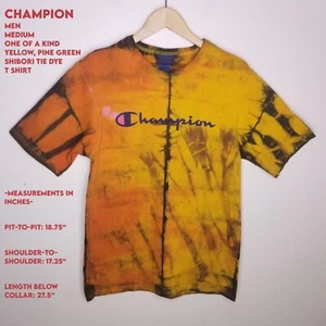 Champion Men Medium One of a kind Yellow, Pine Green Shibori Tie Dye T Shirt - Picture 1 of 16
