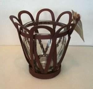 New Rustic Farmhouse Metal Scalloped Edge Bubble Glass Candle Holder - Picture 1 of 8