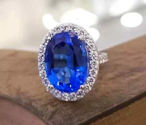 11 Ct Oval Cut Natural Blue Sapphire Diamond Wedding Ring 14K White Gold Size 7 - Picture 1 of 11