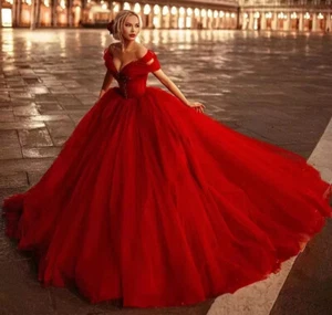 Rot Quinceanera Kleid Abschlussballkleid schulterfrei Tüll Perlen Applikation Abendkleider - Bild 1 von 8