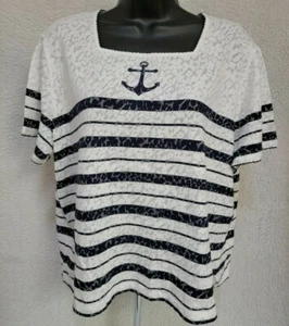 Alfred Dunner Womens Shirt Top Blouse Size X Large Petite XLP White Blue Striped - Picture 1 of 12