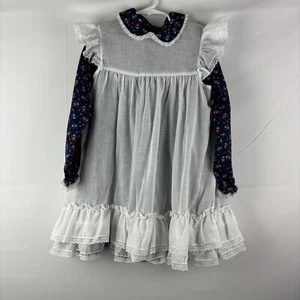 VTG Winnie The Pooh Pinafore Dress Sz 7 Cottagecore Navy Floral - Picture 1 of 8